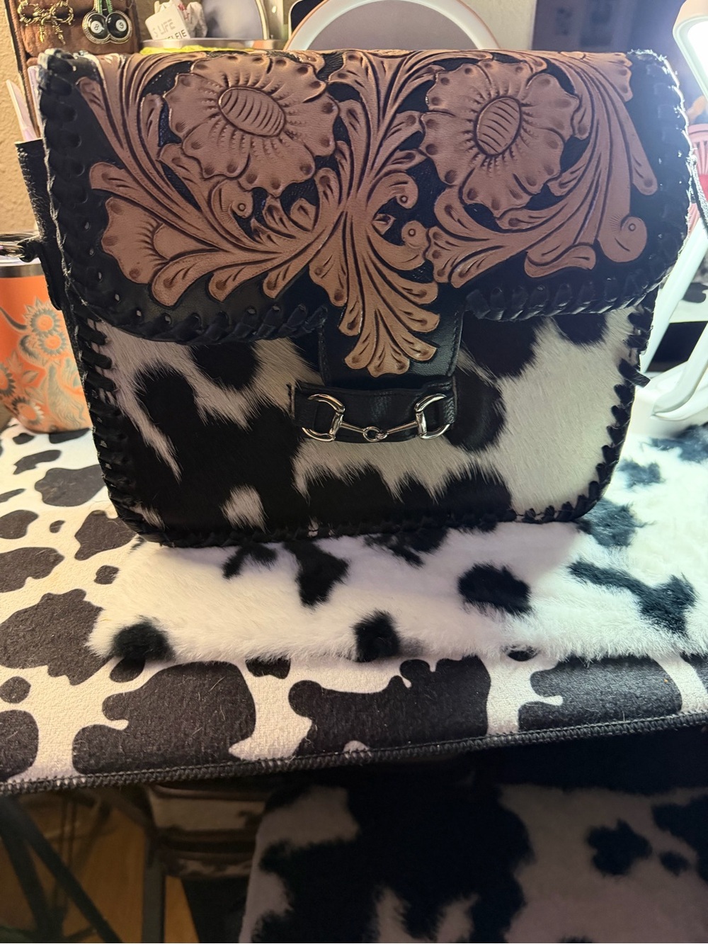 Black & Cream Tooled Leather Cowhide Crossbody Bag